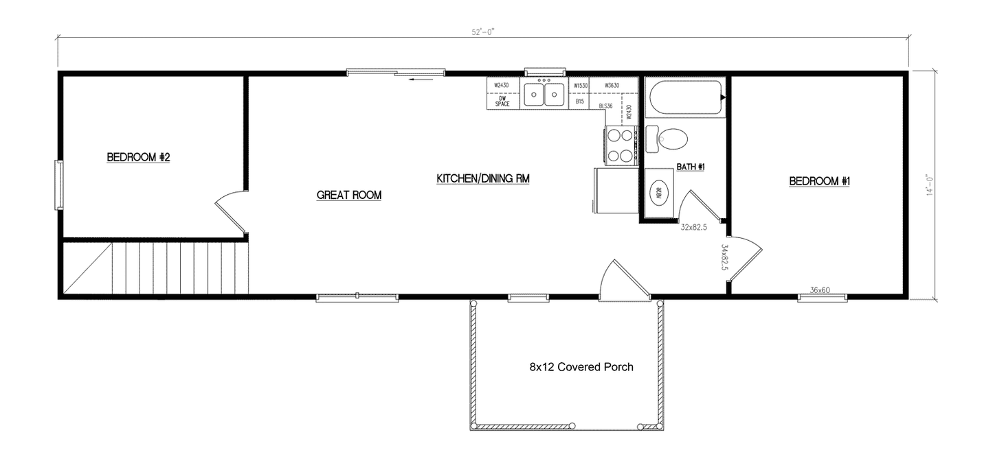 Plan #205 – 2 Bed, 2 Bath Ranch Cabin | 1 Story with Covered Porch (728 Sq Ft + Porch)