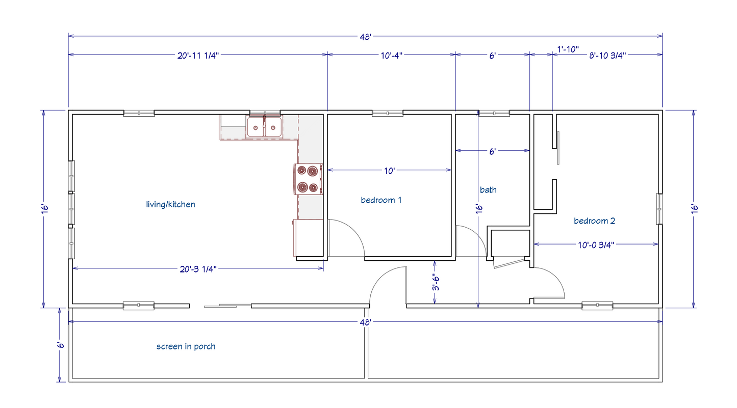Plan #204 – 2 Bed, 1 Bath Ranch Cabin | 1 Story with Huge Covered Porch (768 Sq Ft + Porch)