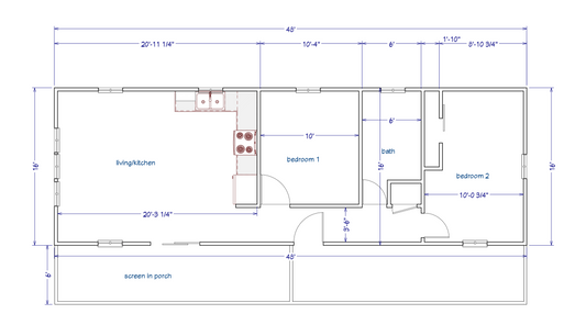Plan #204 – 2 Bed, 1 Bath Ranch Cabin | 1 Story with Huge Covered Porch (768 Sq Ft + Porch)