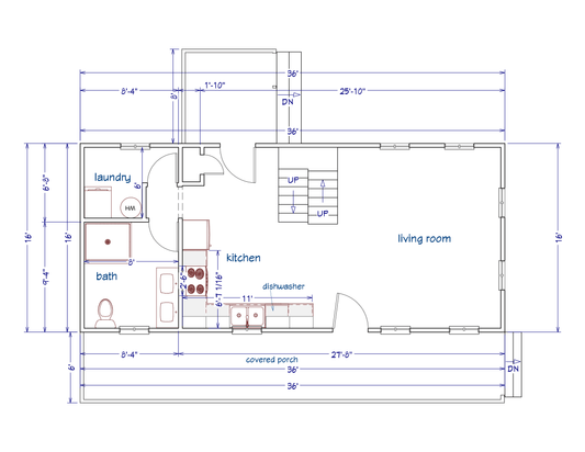 Plan #203 – “Big Bertha Cabin” | 2 Story, 2 Bed + 2 Loft Bedrooms, 1 Bath (864 Sq Ft)