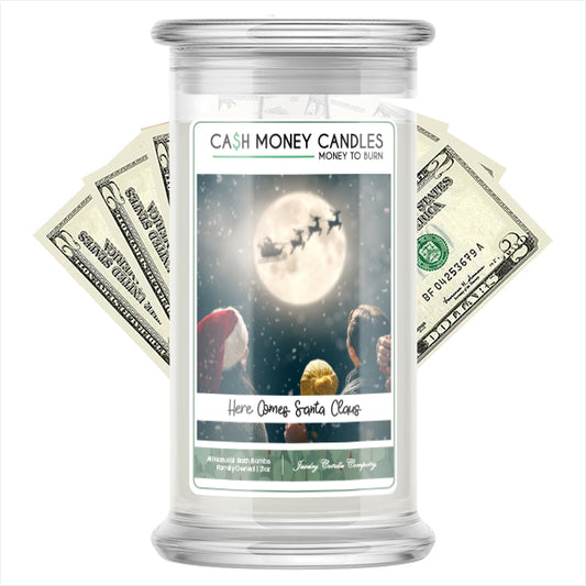 Here Comes Santa Claus Cash Money Candle