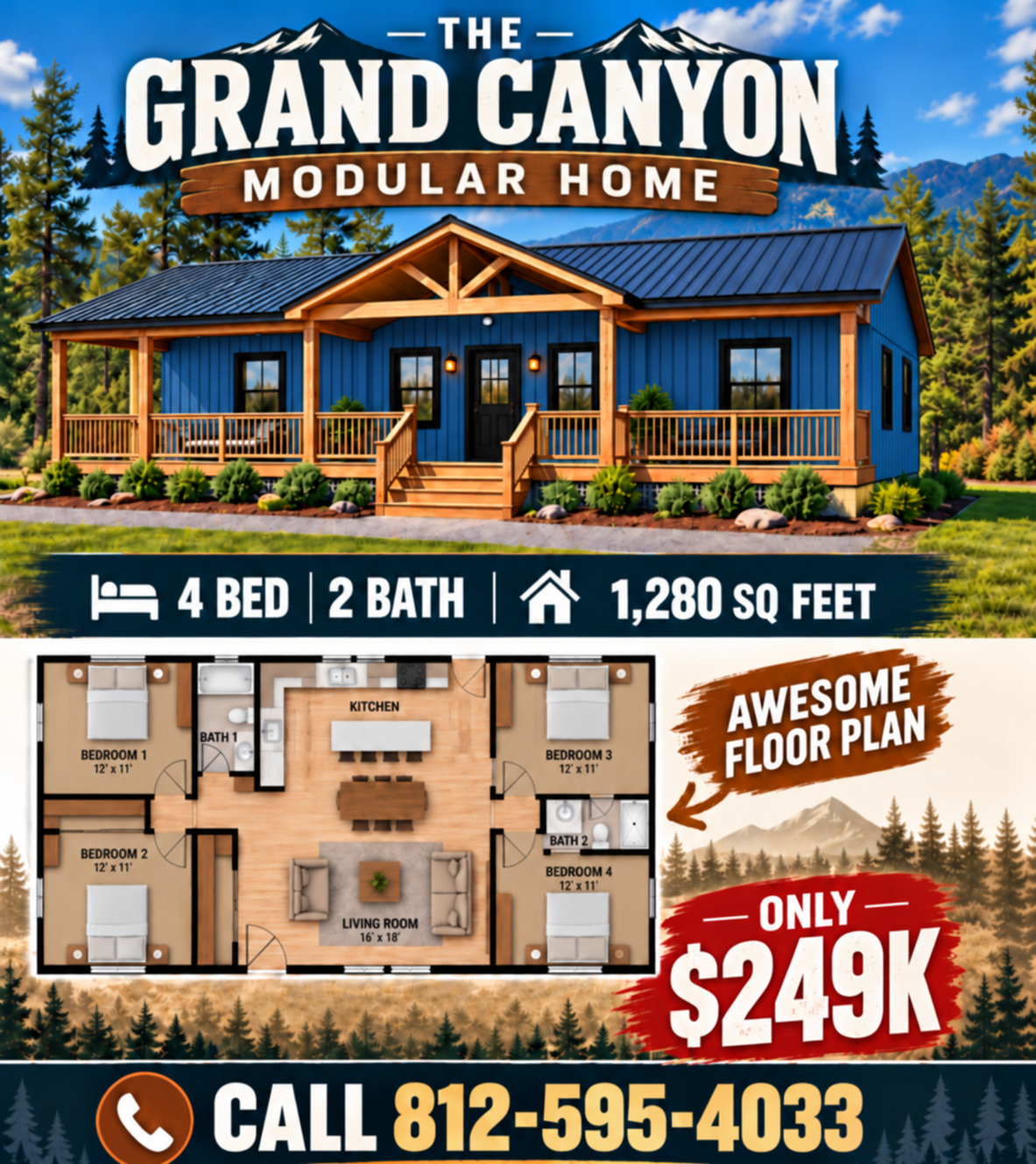 THE GRAND CANYON MODULAR CABIN  (4 BED 2 BATH OR 2 BED )