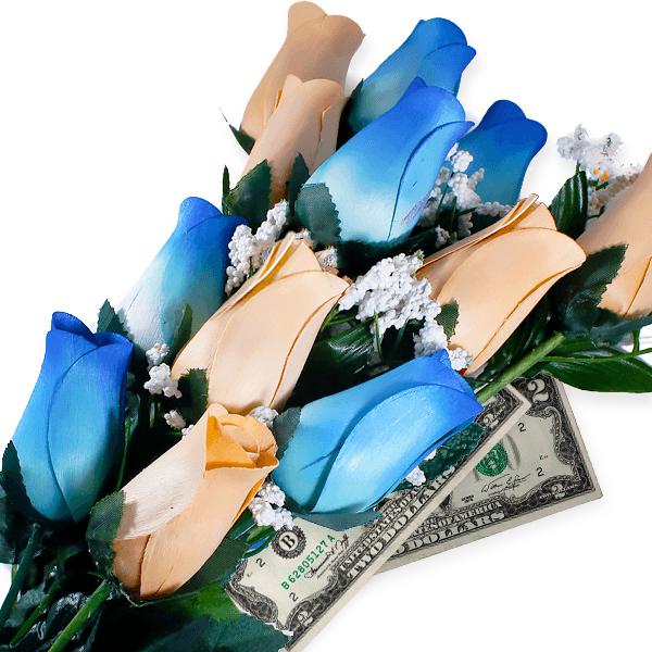 Baby Blue & Peach Bouquet Cash Roses β Amish Built Cabins | Modular ...