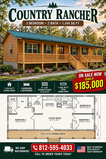 The Country Rancher Amish Built Modular Cabin ( 3 Bed 2 Bath)