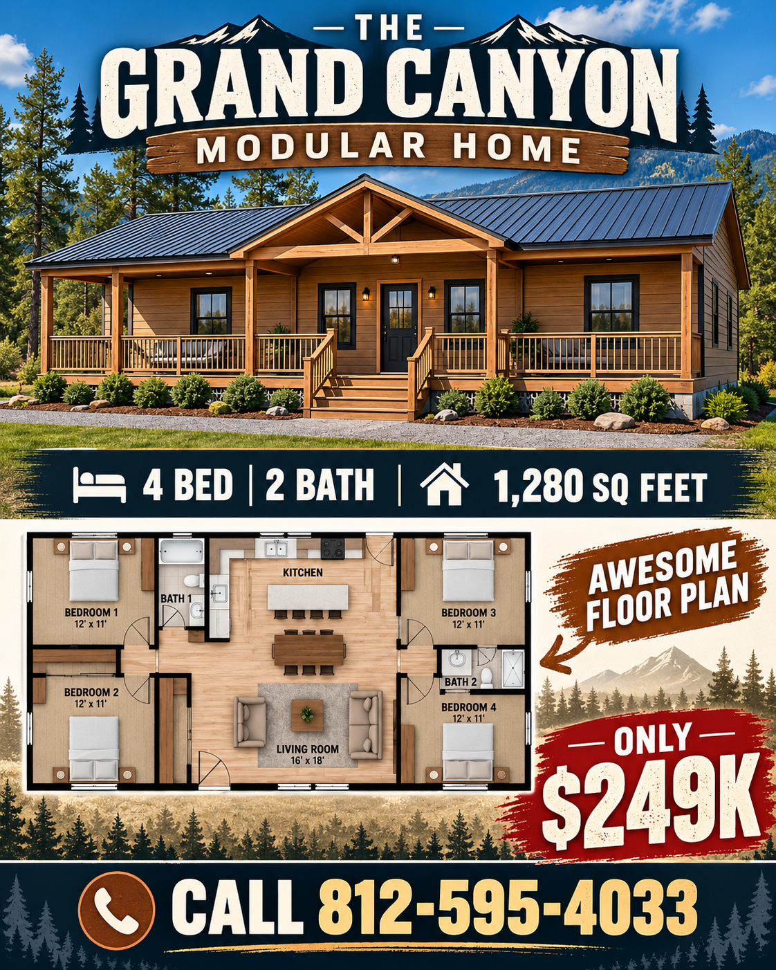 THE GRAND CANYON MODULAR CABIN  (4 BED 2 BATH OR 2 BED )