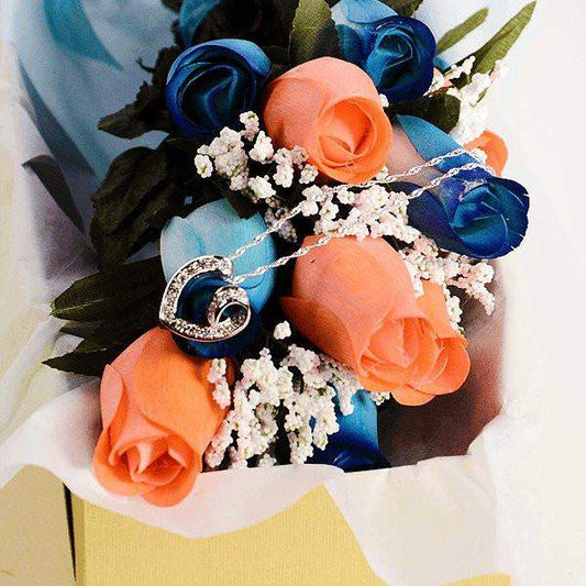 Scented Blue And Coral Mixed Wax Roses Bouquet-Wax Dipped Roses-The Official Website of Jewelry Candles - Find Jewelry In Candles!