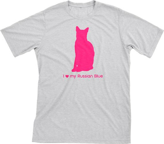 I Love My Russian Blue | Must Love Cats® Hot Pink On Heathered Grey Short Sleeve T-Shirt-Must Love Cats® T-Shirts-The Official Website of Jewelry Candles - Find Jewelry In Candles!