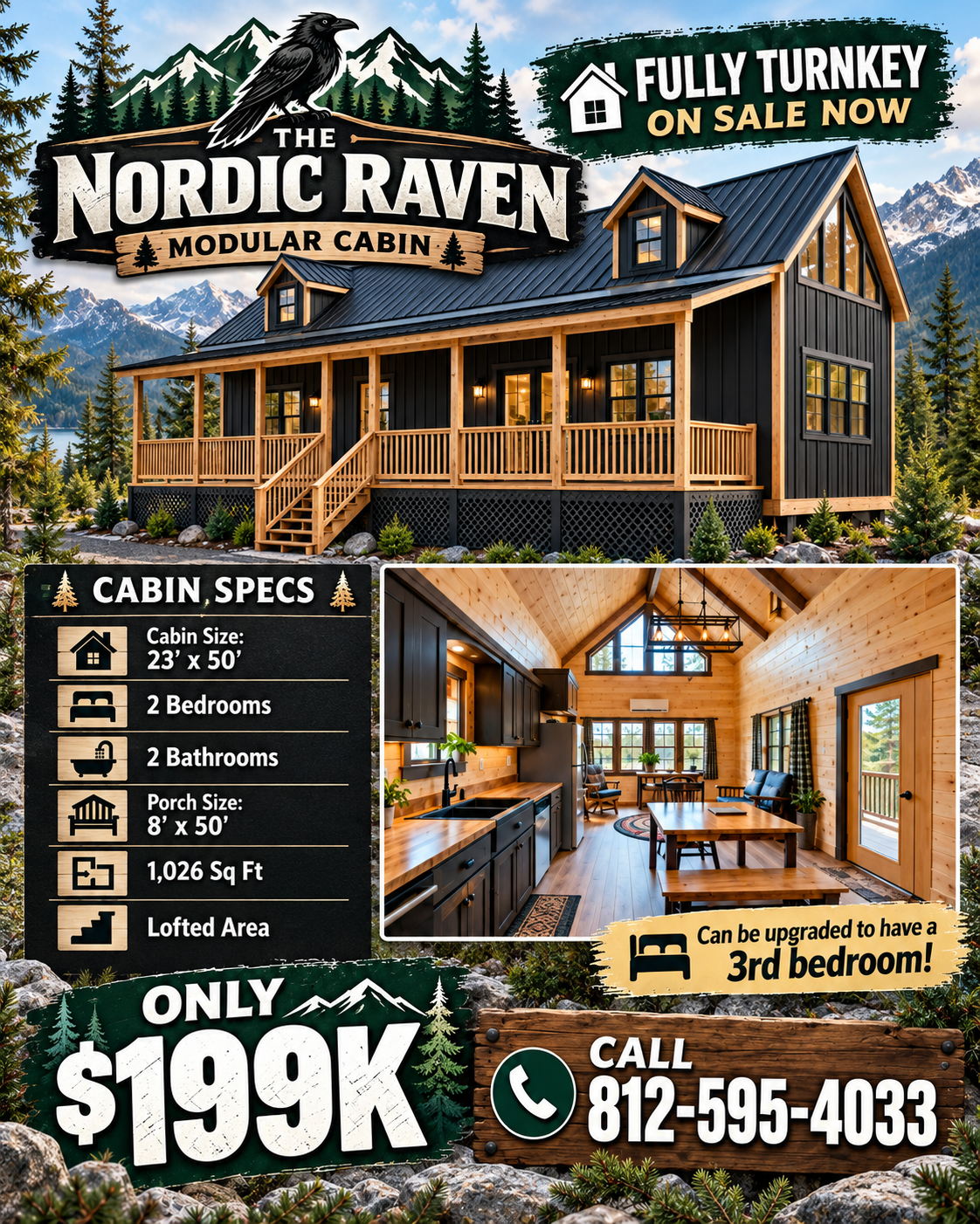 The Nordic Raven Modular Cabin (2 bed 2 bath or 3 bed 2 bath options)
