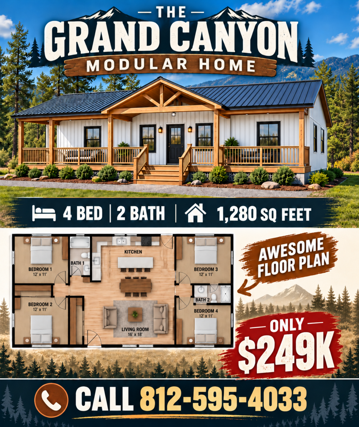 THE GRAND CANYON MODULAR CABIN  (4 BED 2 BATH OR 2 BED )