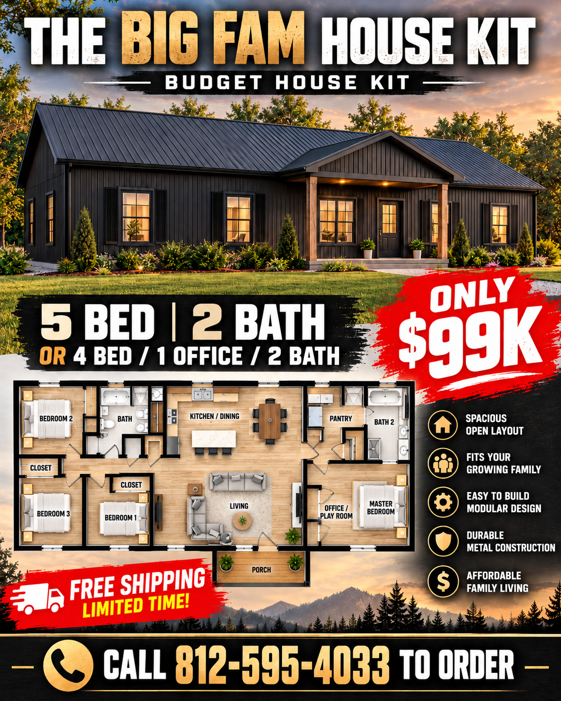 The Big Fam Budget House Kit (5 bed 2 bath or 4 bed, 1 office 2 bath)