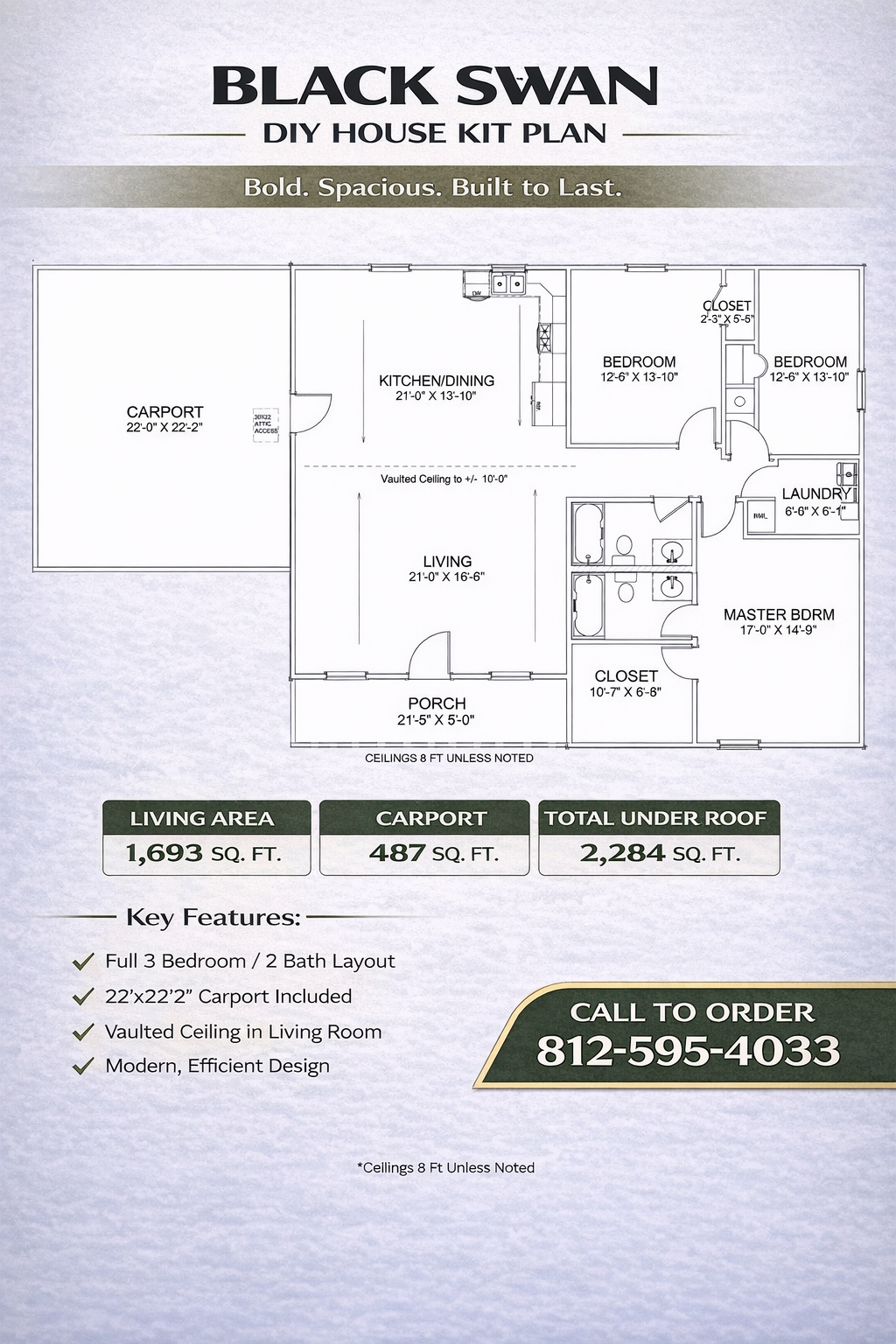 The Black Swan Affordable House Kit (3 bed 2 bath plus Carport)