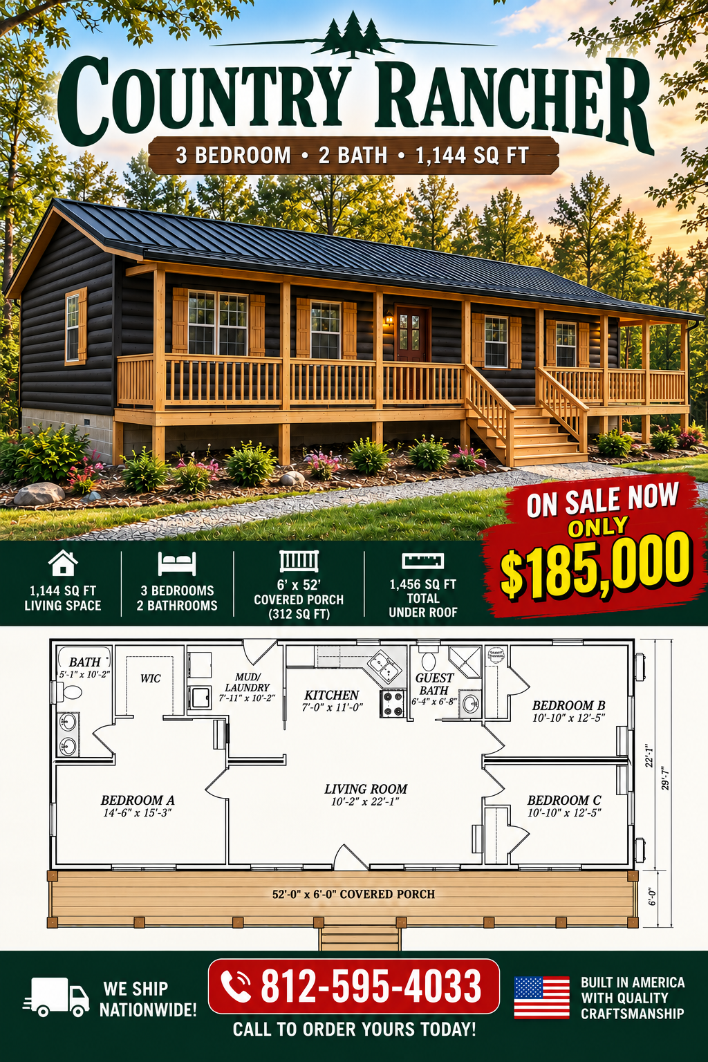 The Country Rancher Amish Built Modular Cabin ( 3 Bed 2 Bath)