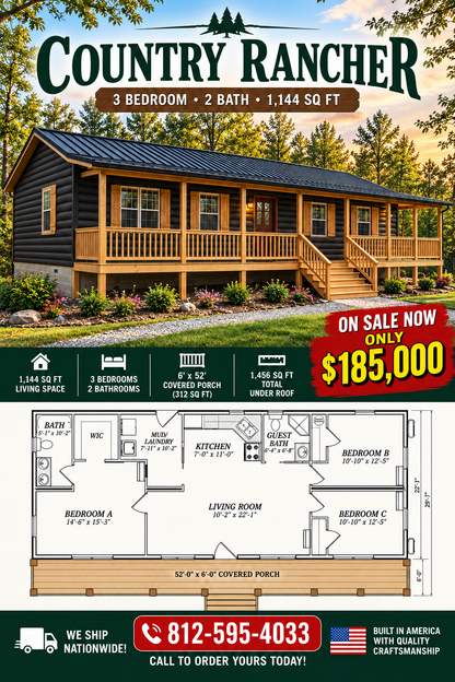 The Country Rancher Amish Built Modular Cabin ( 3 Bed 2 Bath)