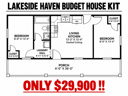 Lakeside Haven Tiny Home Affordable House Kit (2 bed 1 bath)